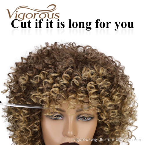 Vigorous Hot Selling Cheap Price Shoulder Length Kinky Curly Fluffy With Bangs Ombre Brown For Black Women Synthetic Hair Wigs